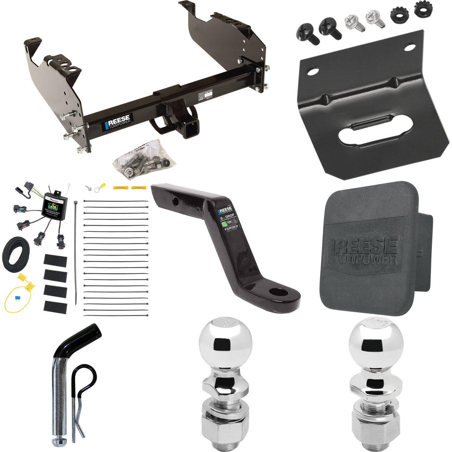 Fits 2007-2023 GMC Sierra 3500 HD Trailer Hitch Tow PKG w/ 4-Flat Zero Contact "No Splice" Wiring Harness + Ball Mount w/ 6" Drop + Pin/Clip + 2" Ball + 2-5/16" Ball + Hitch Cover + Wiring Bracket (For Cab & Chassis, w/34" Wide Frames Models) By Rees