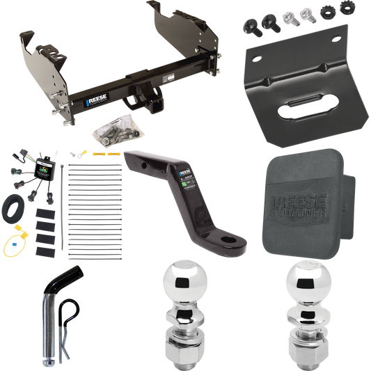 Fits 2007-2023 GMC Sierra 3500 HD Trailer Hitch Tow PKG w/ 4-Flat Zero Contact "No Splice" Wiring Harness + Ball Mount w/ 6" Drop + Pin/Clip + 2" Ball + 2-5/16" Ball + Hitch Cover + Wiring Bracket (For Cab & Chassis, w/34" Wide Frames Models) By Rees