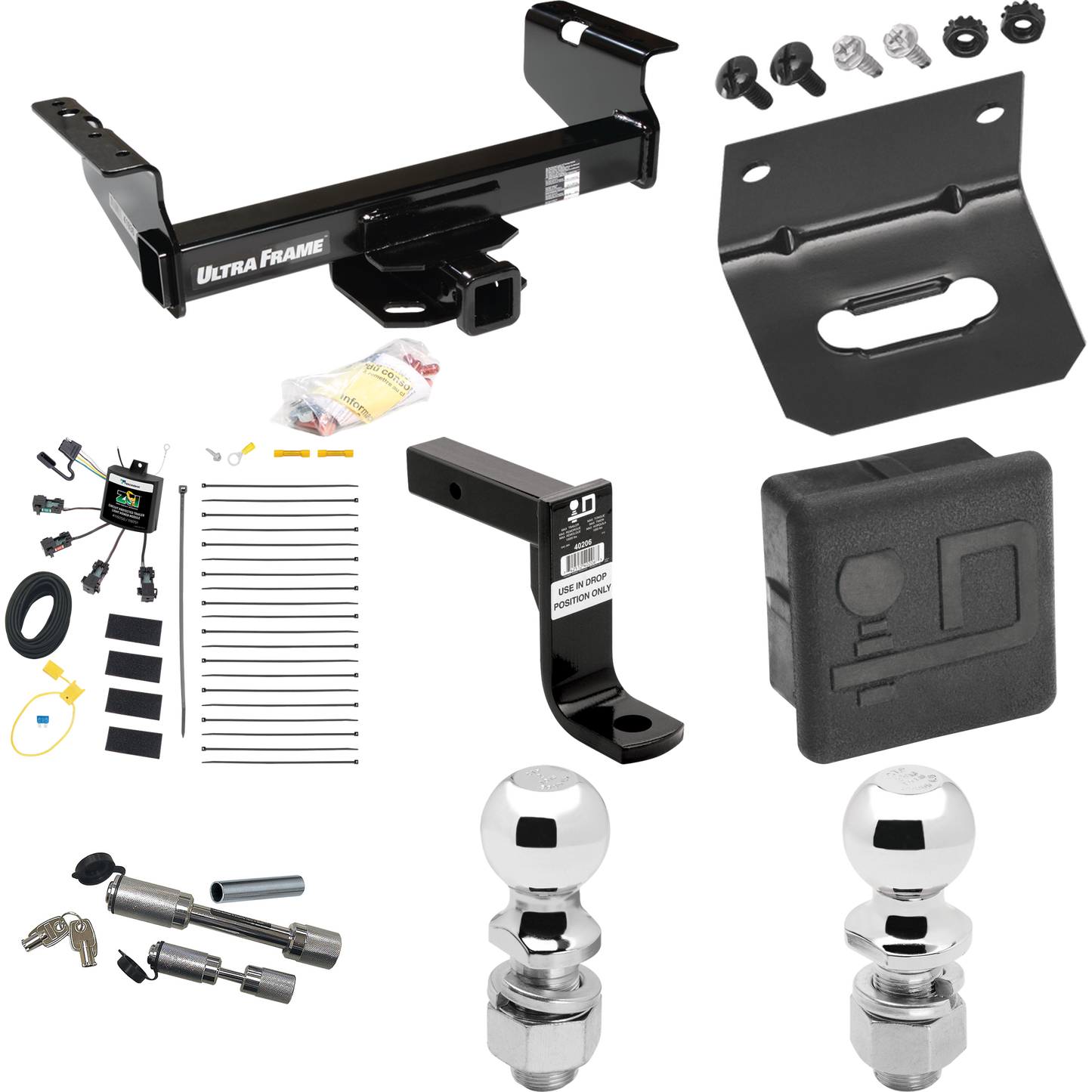 Fits 2001-2007 Chevrolet Silverado 3500 Trailer Hitch Tow PKG w/ 4-Flat Zero Contact "No Splice" Wiring Harness + Ball Mount w/ 8" Drop + Dual Hitch & Coupler Locks + 2" Ball + 2-5/16" Ball + Hitch Cover + Wiring Bracket (For (Classic), Cab & Chassis