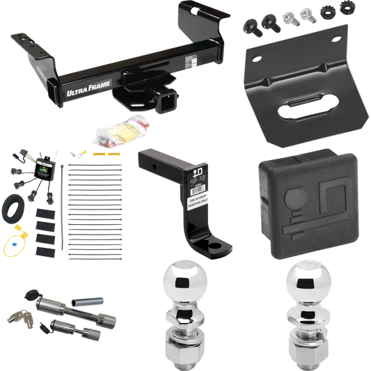 Fits 2001-2007 Chevrolet Silverado 3500 Trailer Hitch Tow PKG w/ 4-Flat Zero Contact "No Splice" Wiring Harness + Ball Mount w/ 8" Drop + Dual Hitch & Coupler Locks + 2" Ball + 2-5/16" Ball + Hitch Cover + Wiring Bracket (For (Classic), Cab & Chassis