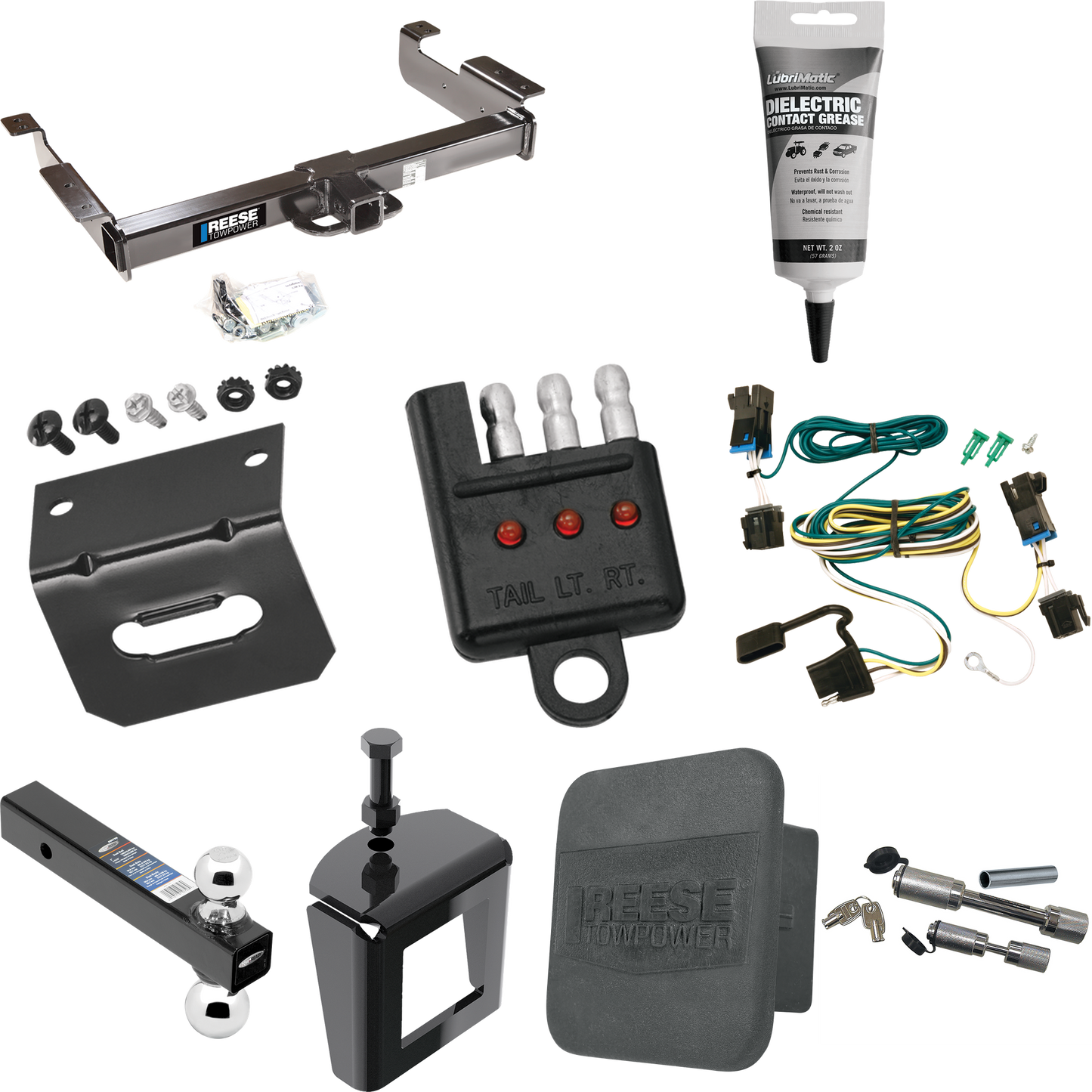 Fits 2003-2014 Chevrolet Express 1500 Trailer Hitch Tow PKG w/ 4-Flat Wiring Harness + Dual Ball Ball Mount 2" & 2-5/16" Trailer Balls + Dual Hitch & Coupler Locks + Hitch Cover + Wiring Bracket + Wiring Tester + Electric Grease + Anti Rattle Device