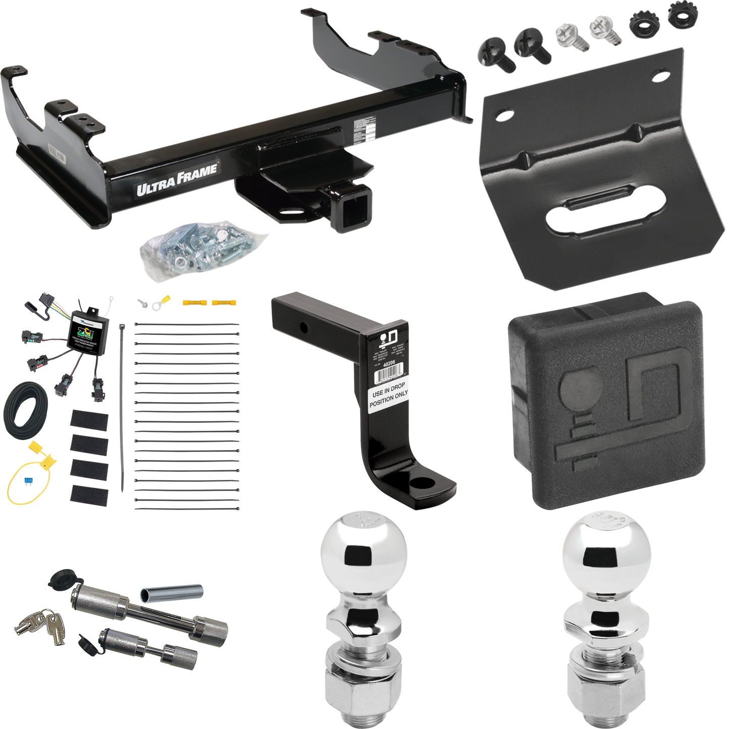 Fits 2007-2023 GMC Sierra 3500 HD Trailer Hitch Tow PKG w/ 4-Flat Zero Contact "No Splice" Wiring Harness + Ball Mount w/ 8" Drop + Dual Hitch & Coupler Locks + 2" Ball + 2-5/16" Ball + Hitch Cover + Wiring Bracket (For Cab & Chassis, w/34" Wide Fram