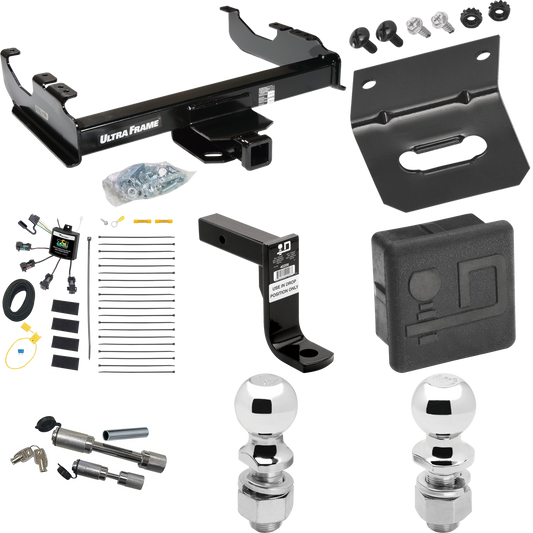 Fits 2007-2023 GMC Sierra 3500 HD Trailer Hitch Tow PKG w/ 4-Flat Zero Contact "No Splice" Wiring Harness + Ball Mount w/ 8" Drop + Dual Hitch & Coupler Locks + 2" Ball + 2-5/16" Ball + Hitch Cover + Wiring Bracket (For Cab & Chassis, w/34" Wide Fram