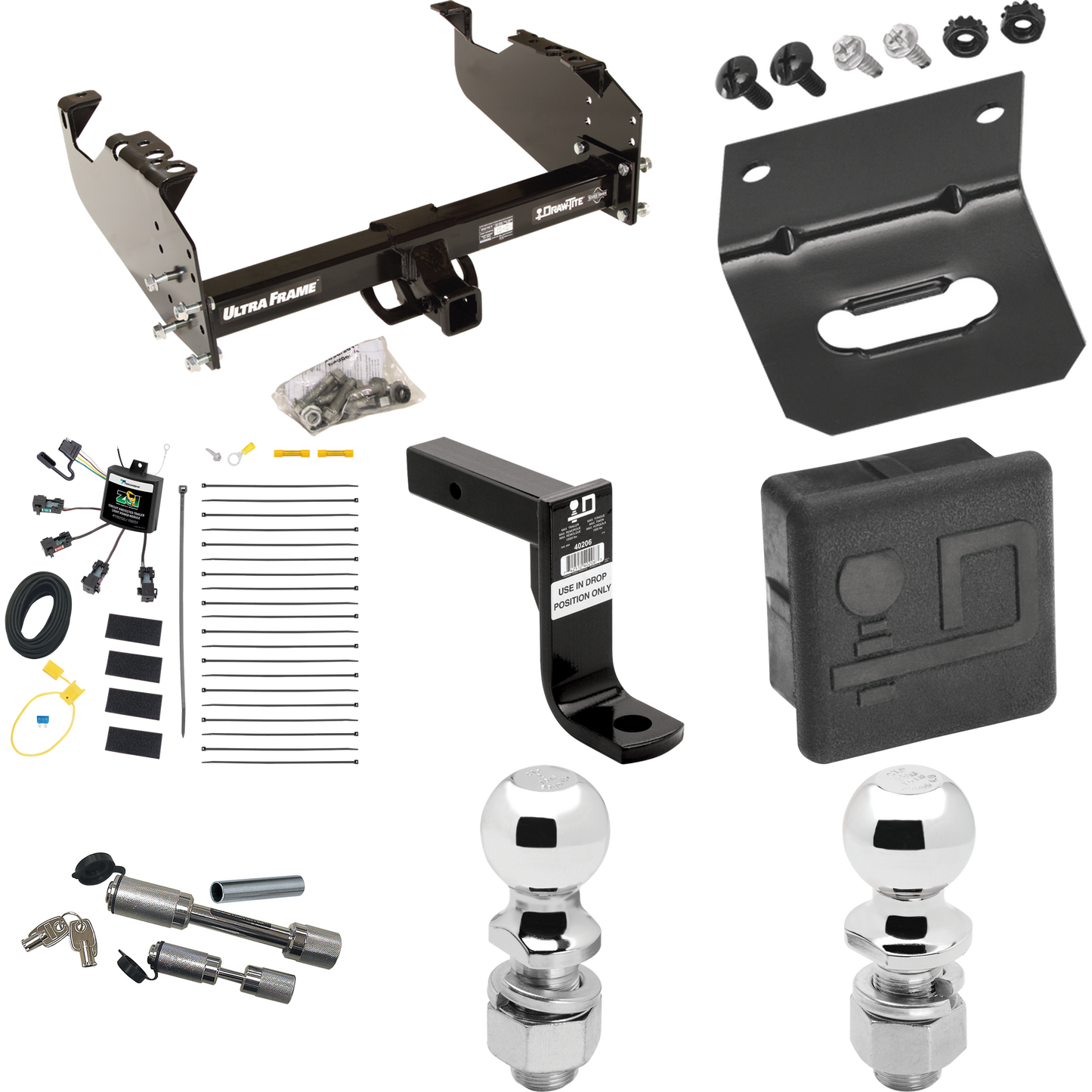 Fits 2007-2024 GMC Sierra 3500 HD Trailer Hitch Tow PKG w/ 4-Flat Zero Contact "No Splice" Wiring Harness + Ball Mount w/ 8" Drop + Dual Hitch & Coupler Locks + 2" Ball + 2-5/16" Ball + Hitch Cover + Wiring Bracket (For Cab & Chassis, w/34" Wide Fram