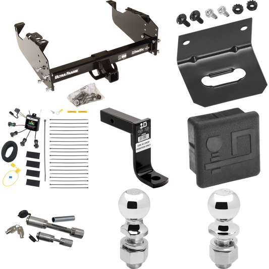 Fits 2007-2024 GMC Sierra 3500 HD Trailer Hitch Tow PKG w/ 4-Flat Zero Contact "No Splice" Wiring Harness + Ball Mount w/ 8" Drop + Dual Hitch & Coupler Locks + 2" Ball + 2-5/16" Ball + Hitch Cover + Wiring Bracket (For Cab & Chassis, w/34" Wide Fram