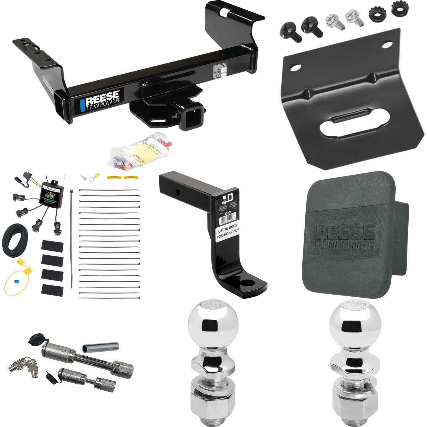 Fits 2007-2023 GMC Sierra 3500 HD Trailer Hitch Tow PKG w/ 4-Flat Zero Contact "No Splice" Wiring Harness + Ball Mount w/ 8" Drop + Dual Hitch & Coupler Locks + 2" Ball + 2-5/16" Ball + Hitch Cover + Wiring Bracket (For Cab & Chassis, w/34" Wide Fram