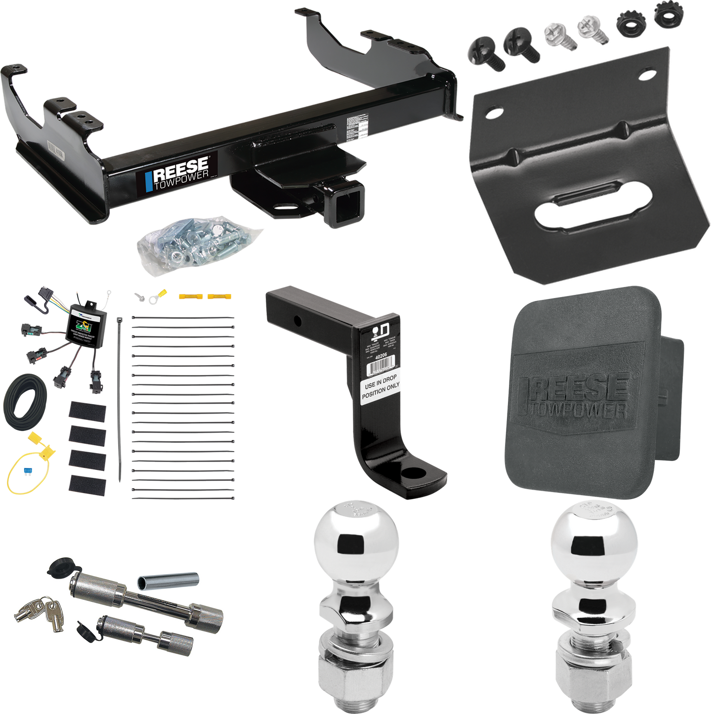 Fits 2007-2023 GMC Sierra 3500 HD Trailer Hitch Tow PKG w/ 4-Flat Zero Contact "No Splice" Wiring Harness + Ball Mount w/ 8" Drop + Dual Hitch & Coupler Locks + 2" Ball + 2-5/16" Ball + Hitch Cover + Wiring Bracket (For Cab & Chassis, w/34" Wide Fram