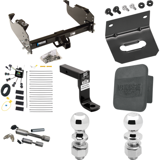 Fits 2008-2010 Dodge Ram 4500 Trailer Hitch Tow PKG w/ 4-Flat Zero Contact "No Splice" Wiring Harness + Ball Mount w/ 8" Drop + Dual Hitch & Coupler Locks + 2" Ball + 2-5/16" Ball + Hitch Cover + Wiring Bracket (For Cab & Chassis, w/34" Wide Frames M