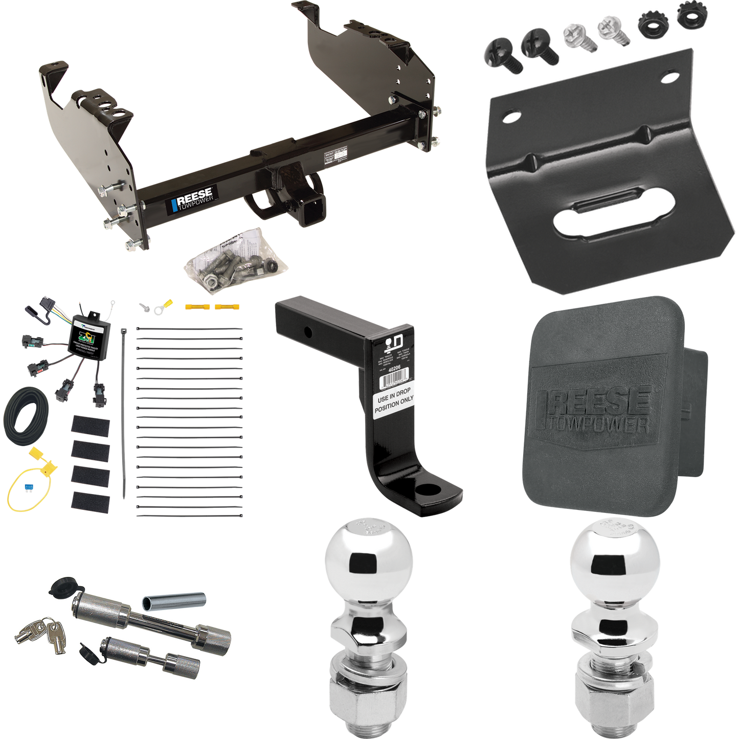 Fits 2011-2012 RAM 3500 Trailer Hitch Tow PKG w/ 4-Flat Zero Contact "No Splice" Wiring Harness + Ball Mount w/ 8" Drop + Dual Hitch & Coupler Locks + 2" Ball + 2-5/16" Ball + Hitch Cover + Wiring Bracket (For Cab & Chassis, w/34" Wide Frames Models)