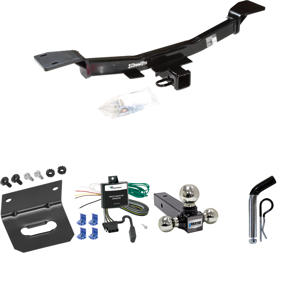 Fits 2005-2010 KIA Sportage Trailer Hitch Tow PKG w/ 4-Flat Wiring Harness + Triple Ball Ball Mount 1-7/8" & 2" & 2-5/16" Trailer Balls + Pin/Clip + Wiring Bracket (For V6 Engine Models) By Draw-Tite