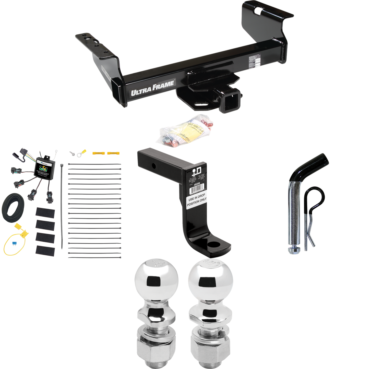 Fits 2007-2024 GMC Sierra 3500 HD Trailer Hitch Tow PKG w/ 4-Flat Zero Contact "No Splice" Wiring Harness + Ball Mount w/ 8" Drop + Pin/Clip + 2" Ball + 2-5/16" Ball (For Cab & Chassis, w/34" Wide Frames Models) By Draw-Tite