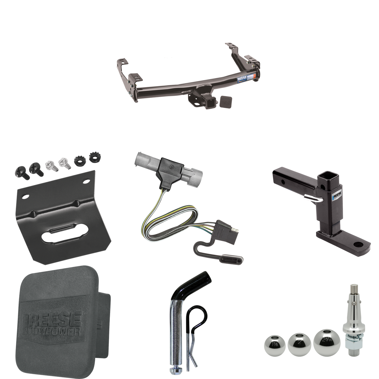 Se adapta al paquete de enganche de remolque Ford F-250 HD 1997-1997 con 4 cables planos + soporte de bola ajustable + pasador/clip + bolas intercambiables de 1-7/8", 2" y 2-5/16" + cableado Soporte + cubierta de enganche de Reese Towpower