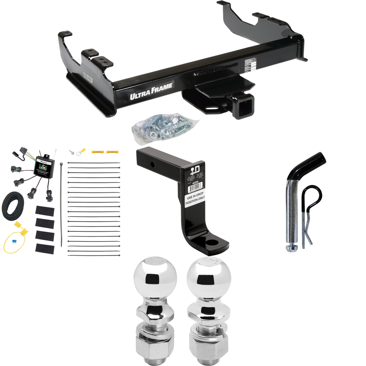 Fits 2007-2023 GMC Sierra 3500 HD Trailer Hitch Tow PKG w/ 4-Flat Zero Contact "No Splice" Wiring Harness + Ball Mount w/ 8" Drop + Pin/Clip + 2" Ball + 2-5/16" Ball (For Cab & Chassis, w/34" Wide Frames Models) By Draw-Tite