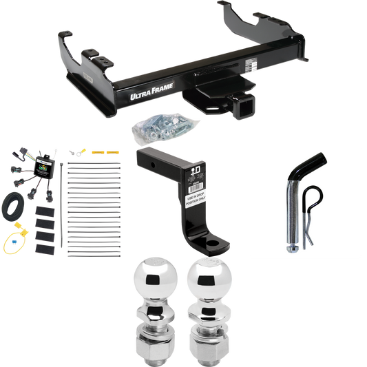 Fits 2007-2023 GMC Sierra 3500 HD Trailer Hitch Tow PKG w/ 4-Flat Zero Contact "No Splice" Wiring Harness + Ball Mount w/ 8" Drop + Pin/Clip + 2" Ball + 2-5/16" Ball (For Cab & Chassis, w/34" Wide Frames Models) By Draw-Tite