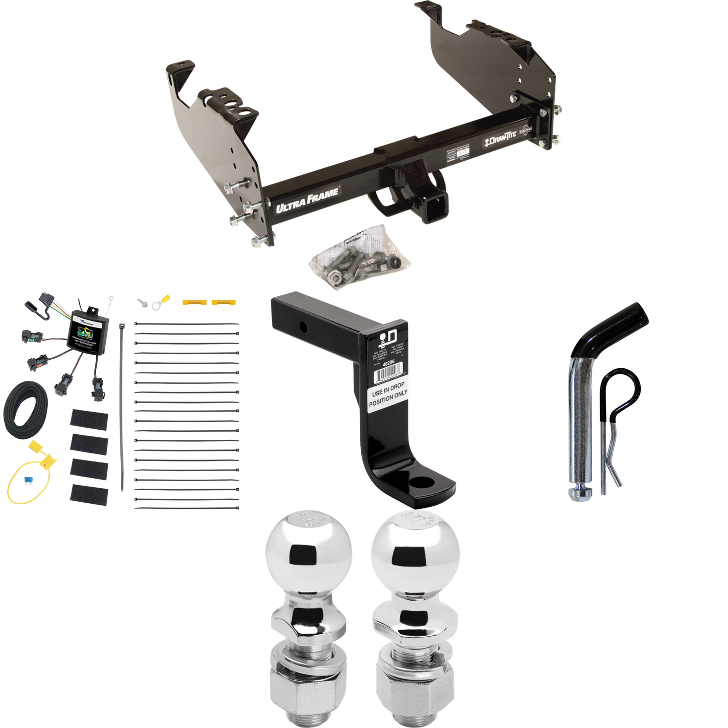 Fits 2007-2024 GMC Sierra 3500 HD Trailer Hitch Tow PKG w/ 4-Flat Zero Contact "No Splice" Wiring Harness + Ball Mount w/ 8" Drop + Pin/Clip + 2" Ball + 2-5/16" Ball (For Cab & Chassis, w/34" Wide Frames Models) By Draw-Tite