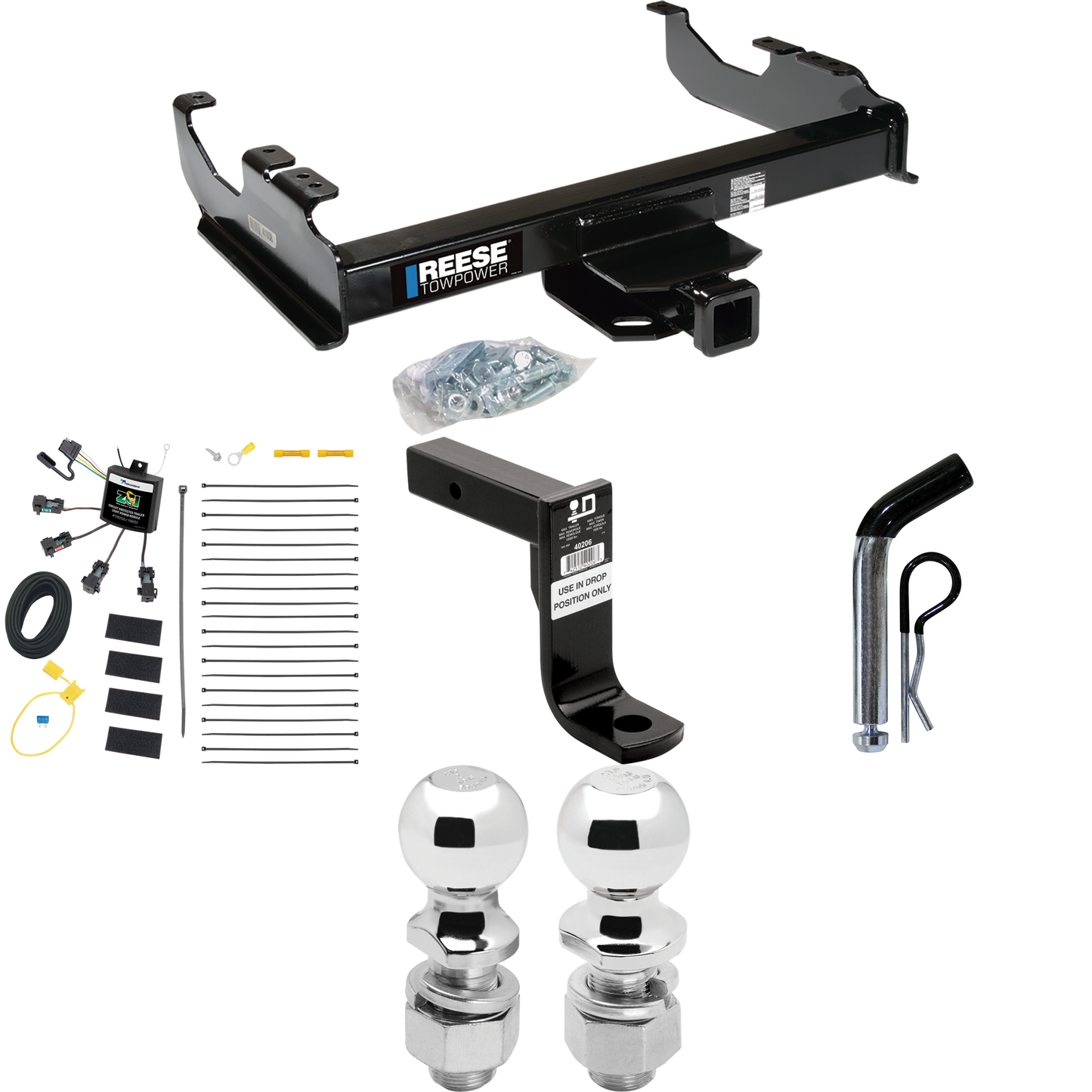 Fits 2007-2023 GMC Sierra 3500 HD Trailer Hitch Tow PKG w/ 4-Flat Zero Contact "No Splice" Wiring Harness + Ball Mount w/ 8" Drop + Pin/Clip + 2" Ball + 2-5/16" Ball (For Cab & Chassis, w/34" Wide Frames Models) By Reese Towpower