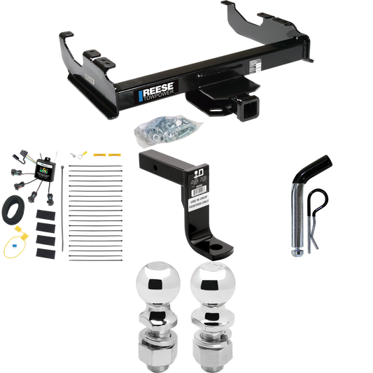 Fits 2007-2023 GMC Sierra 3500 HD Trailer Hitch Tow PKG w/ 4-Flat Zero Contact "No Splice" Wiring Harness + Ball Mount w/ 8" Drop + Pin/Clip + 2" Ball + 2-5/16" Ball (For Cab & Chassis, w/34" Wide Frames Models) By Reese Towpower