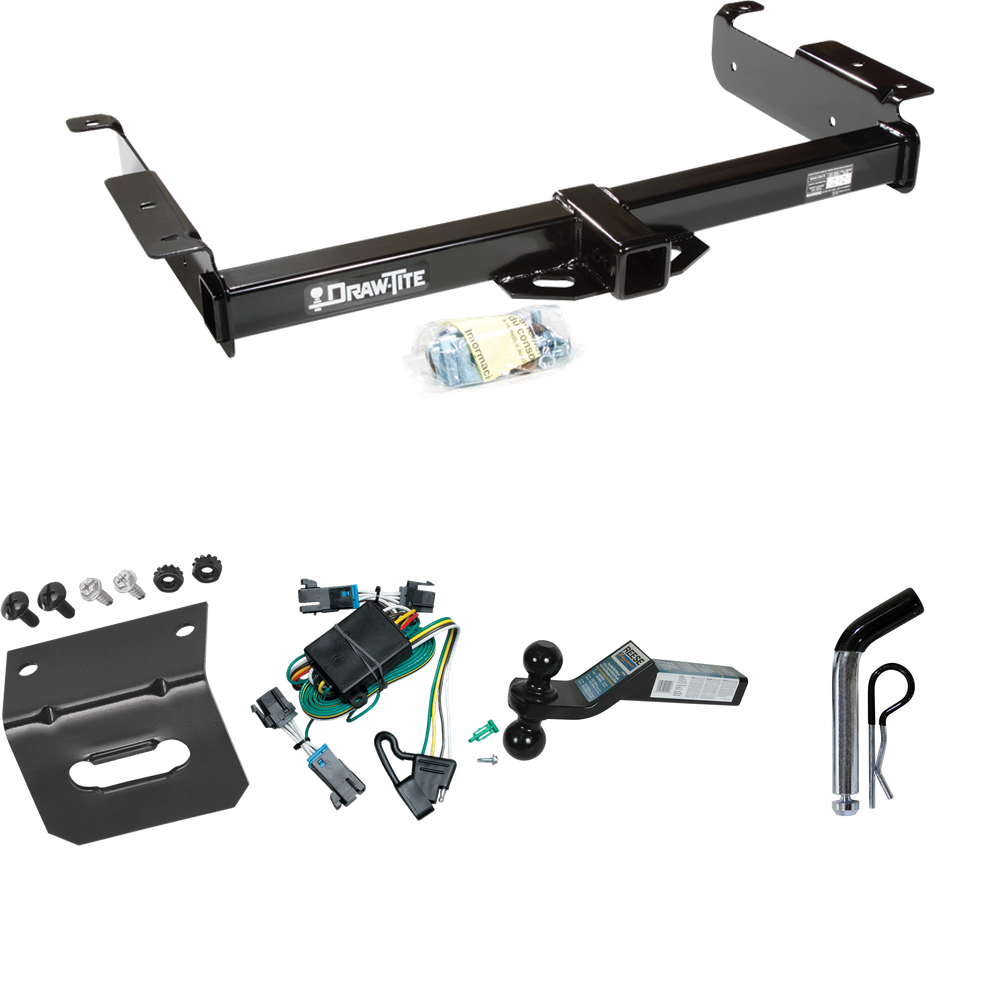 Fits 2000-2002 Chevrolet Express 1500 Trailer Hitch Tow PKG w/ 4-Flat Wiring Harness + Dual Ball Ball Mount 2" & 2-5/16" Trailer Balls + Pin/Clip +  Wiring Bracket By Draw-Tite