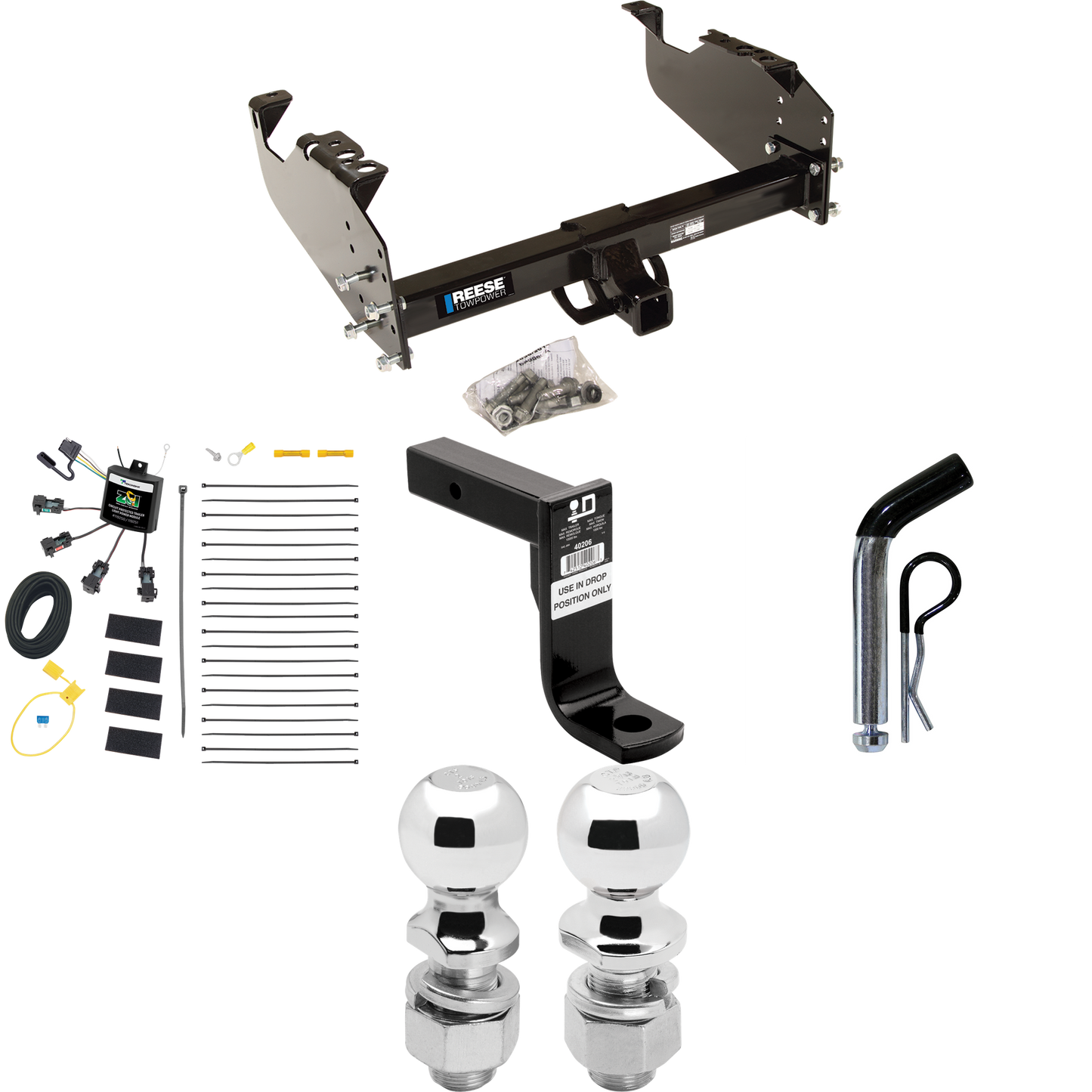 Fits 2007-2023 GMC Sierra 3500 HD Trailer Hitch Tow PKG w/ 4-Flat Zero Contact "No Splice" Wiring Harness + Ball Mount w/ 8" Drop + Pin/Clip + 2" Ball + 2-5/16" Ball (For Cab & Chassis, w/34" Wide Frames Models) By Reese Towpower