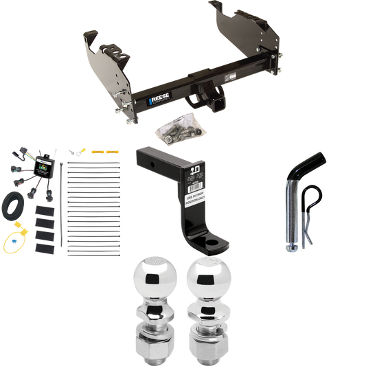 Fits 2007-2023 GMC Sierra 3500 HD Trailer Hitch Tow PKG w/ 4-Flat Zero Contact "No Splice" Wiring Harness + Ball Mount w/ 8" Drop + Pin/Clip + 2" Ball + 2-5/16" Ball (For Cab & Chassis, w/34" Wide Frames Models) By Reese Towpower