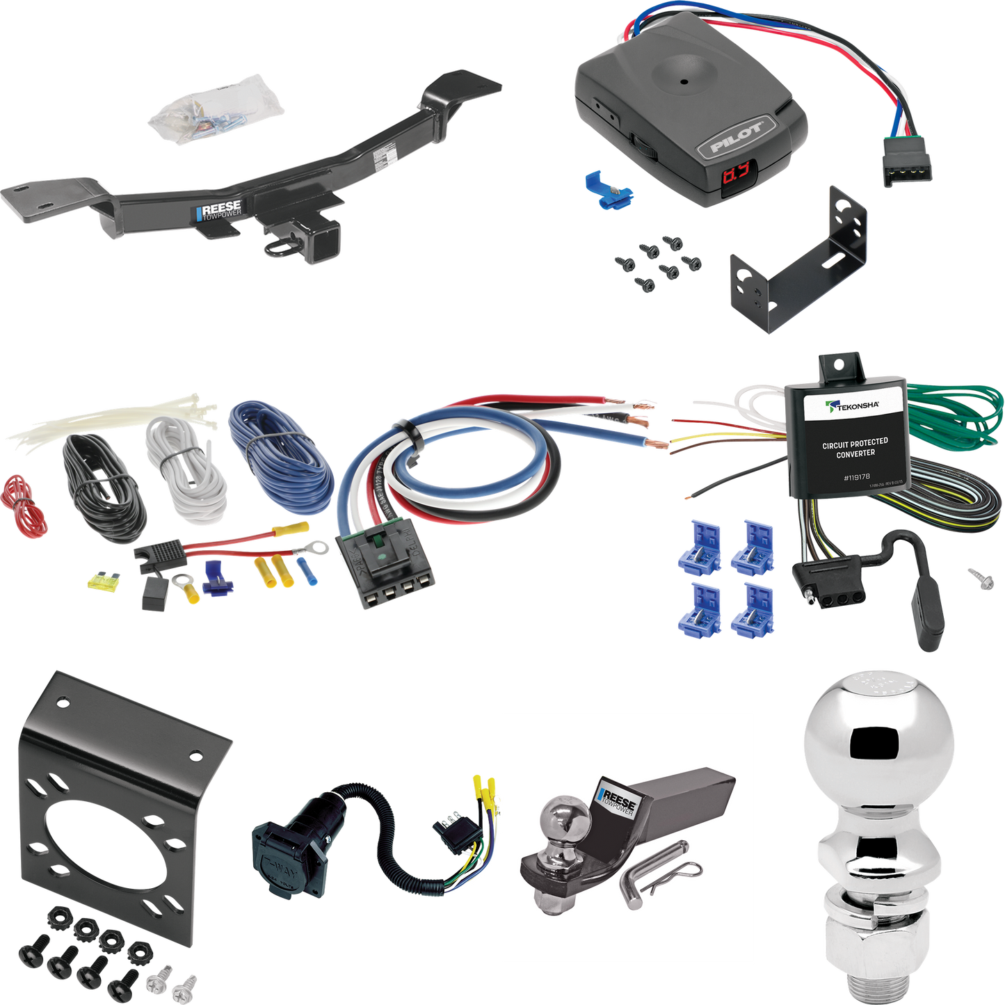 Fits 2005-2010 KIA Sportage Trailer Hitch Tow PKG w/ Pro Series Pilot Brake Control + Generic BC Wiring Adapter + 7-Way RV Wiring + 2" & 2-5/16" Ball & Drop Mount (For I4 Engine Models) By Reese Towpower