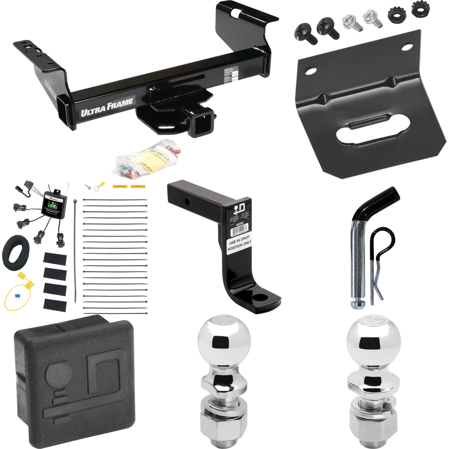 Fits 2007-2024 GMC Sierra 3500 HD Trailer Hitch Tow PKG w/ 4-Flat Zero Contact "No Splice" Wiring Harness + Ball Mount w/ 8" Drop + Pin/Clip + 2" Ball + 2-5/16" Ball + Hitch Cover + Wiring Bracket (For Cab & Chassis, w/34" Wide Frames Models) By Draw