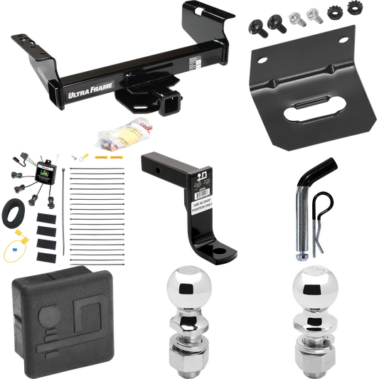 Fits 2007-2024 GMC Sierra 3500 HD Trailer Hitch Tow PKG w/ 4-Flat Zero Contact "No Splice" Wiring Harness + Ball Mount w/ 8" Drop + Pin/Clip + 2" Ball + 2-5/16" Ball + Hitch Cover + Wiring Bracket (For Cab & Chassis, w/34" Wide Frames Models) By Draw