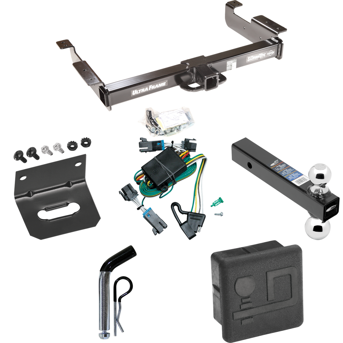 Se adapta al paquete de remolque con enganche para remolque GMC Savana 1500 2000-2002 con arnés de cableado de 4 planos + soporte de bola doble bolas de remolque de 2" y 2-5/16" + pasador/clip + cubierta de enganche + soporte de cableado de Draw-Tite