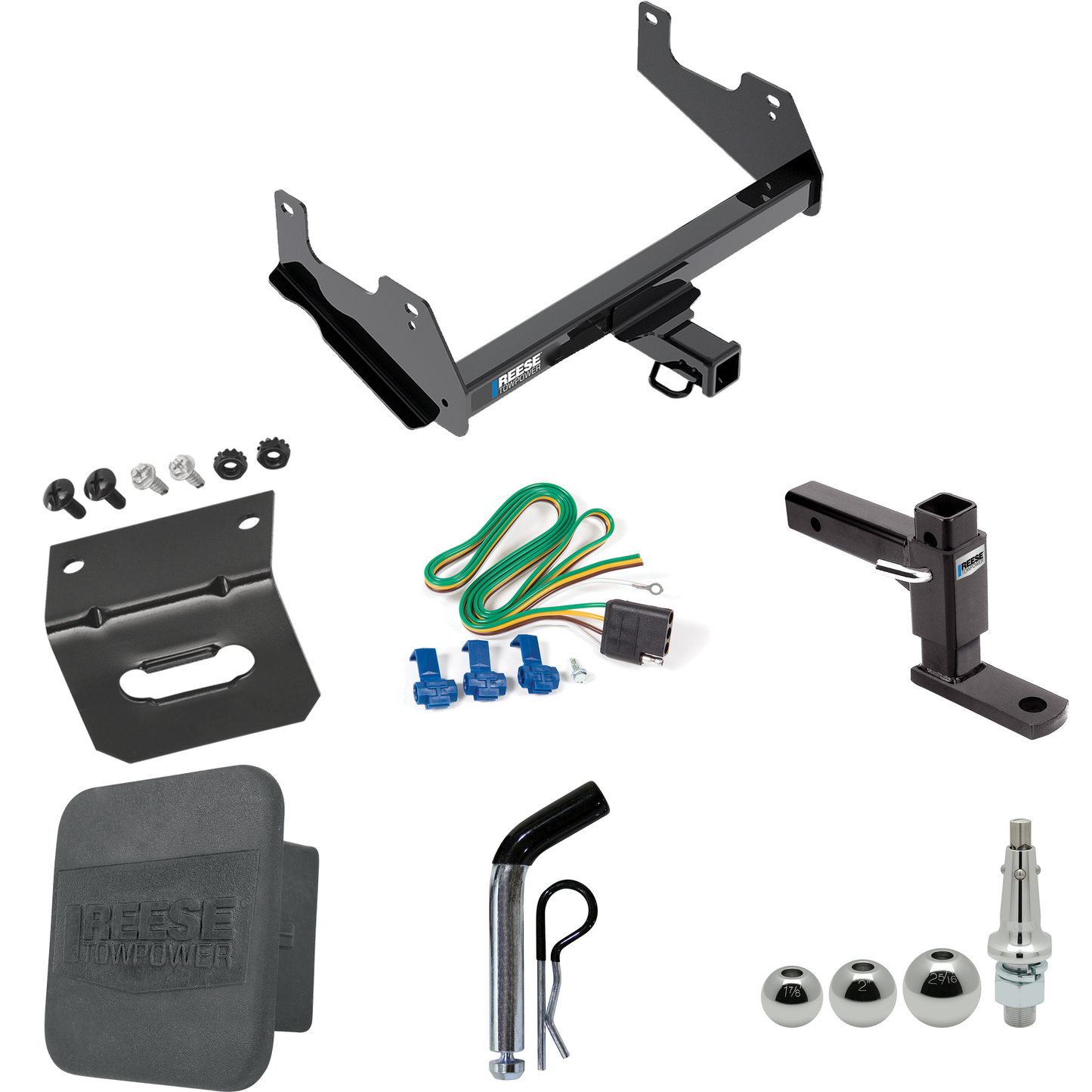 Fits 2015-2023 Ford F-150 Trailer Hitch Tow PKG w/ 4-Flat Wiring + Adjustable Drop Rise Ball Mount + Pin/Clip + Inerchangeable 1-7/8" & 2" & 2-5/16" Balls + Wiring Bracket + Hitch Cover By Reese Towpower