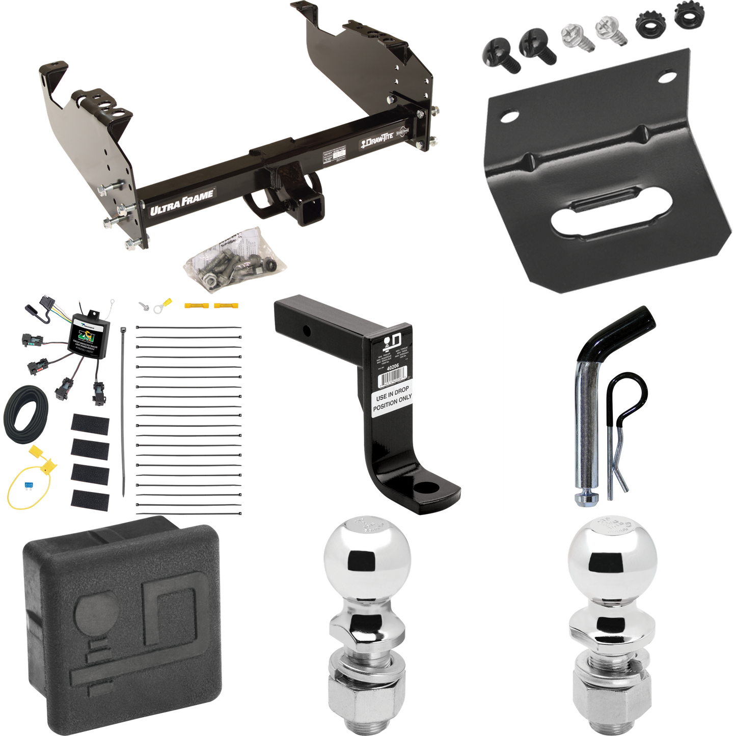 Fits 2007-2024 GMC Sierra 3500 HD Trailer Hitch Tow PKG w/ 4-Flat Zero Contact "No Splice" Wiring Harness + Ball Mount w/ 8" Drop + Pin/Clip + 2" Ball + 2-5/16" Ball + Hitch Cover + Wiring Bracket (For Cab & Chassis, w/34" Wide Frames Models) By Draw