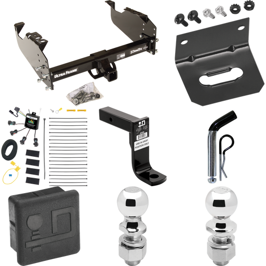 Fits 2007-2024 GMC Sierra 3500 HD Trailer Hitch Tow PKG w/ 4-Flat Zero Contact "No Splice" Wiring Harness + Ball Mount w/ 8" Drop + Pin/Clip + 2" Ball + 2-5/16" Ball + Hitch Cover + Wiring Bracket (For Cab & Chassis, w/34" Wide Frames Models) By Draw