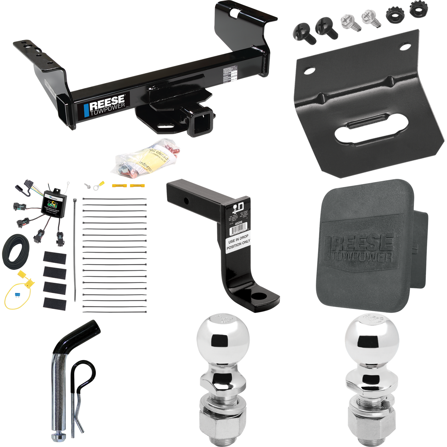 Fits 2007-2023 GMC Sierra 3500 HD Trailer Hitch Tow PKG w/ 4-Flat Zero Contact "No Splice" Wiring Harness + Ball Mount w/ 8" Drop + Pin/Clip + 2" Ball + 2-5/16" Ball + Hitch Cover + Wiring Bracket (For Cab & Chassis, w/34" Wide Frames Models) By Rees