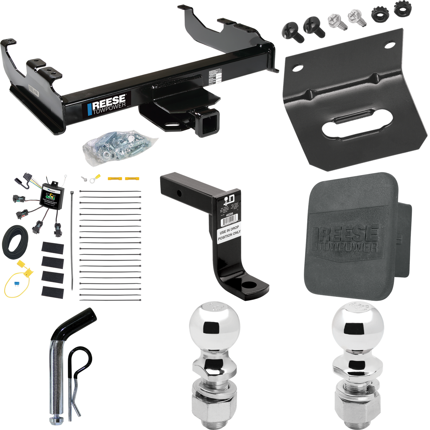 Fits 2007-2023 GMC Sierra 3500 HD Trailer Hitch Tow PKG w/ 4-Flat Zero Contact "No Splice" Wiring Harness + Ball Mount w/ 8" Drop + Pin/Clip + 2" Ball + 2-5/16" Ball + Hitch Cover + Wiring Bracket (For Cab & Chassis, w/34" Wide Frames Models) By Rees