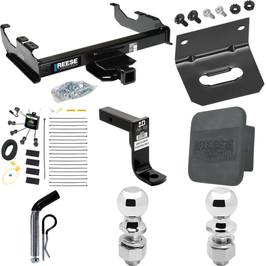 Fits 2007-2023 GMC Sierra 3500 HD Trailer Hitch Tow PKG w/ 4-Flat Zero Contact "No Splice" Wiring Harness + Ball Mount w/ 8" Drop + Pin/Clip + 2" Ball + 2-5/16" Ball + Hitch Cover + Wiring Bracket (For Cab & Chassis, w/34" Wide Frames Models) By Rees