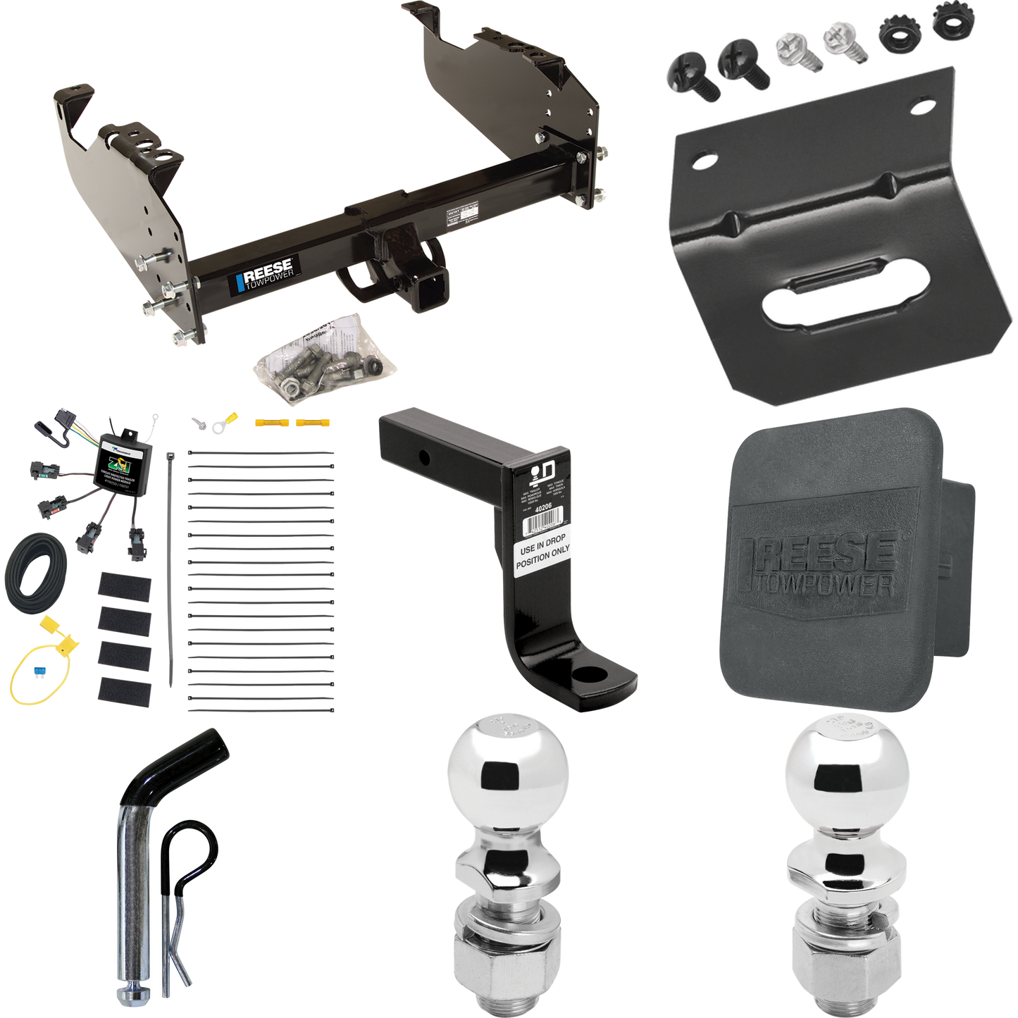 Fits 2007-2023 GMC Sierra 3500 HD Trailer Hitch Tow PKG w/ 4-Flat Zero Contact "No Splice" Wiring Harness + Ball Mount w/ 8" Drop + Pin/Clip + 2" Ball + 2-5/16" Ball + Hitch Cover + Wiring Bracket (For Cab & Chassis, w/34" Wide Frames Models) By Rees