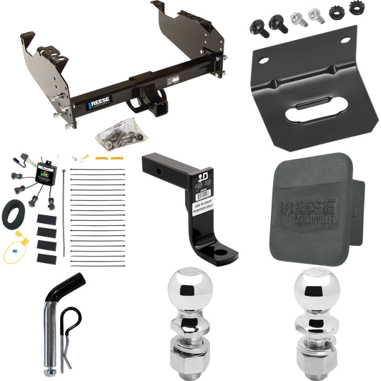 Fits 2007-2023 GMC Sierra 3500 HD Trailer Hitch Tow PKG w/ 4-Flat Zero Contact "No Splice" Wiring Harness + Ball Mount w/ 8" Drop + Pin/Clip + 2" Ball + 2-5/16" Ball + Hitch Cover + Wiring Bracket (For Cab & Chassis, w/34" Wide Frames Models) By Rees