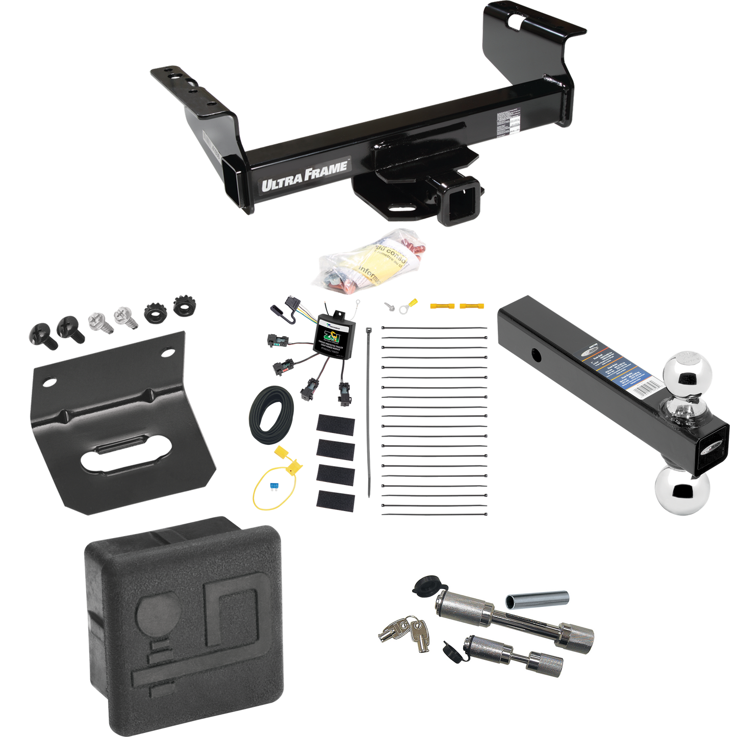 Fits 2007-2024 GMC Sierra 3500 HD Trailer Hitch Tow PKG w/ 4-Flat Zero Contact "No Splice" Wiring Harness + Dual Ball Ball Mount 2" & 2-5/16" Trailer Balls + Dual Hitch & Coupler Locks + Hitch Cover + Wiring Bracket (For Cab & Chassis, w/34" Wide Fra