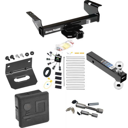 Fits 2007-2024 GMC Sierra 3500 HD Trailer Hitch Tow PKG w/ 4-Flat Zero Contact "No Splice" Wiring Harness + Dual Ball Ball Mount 2" & 2-5/16" Trailer Balls + Dual Hitch & Coupler Locks + Hitch Cover + Wiring Bracket (For Cab & Chassis, w/34" Wide Fra