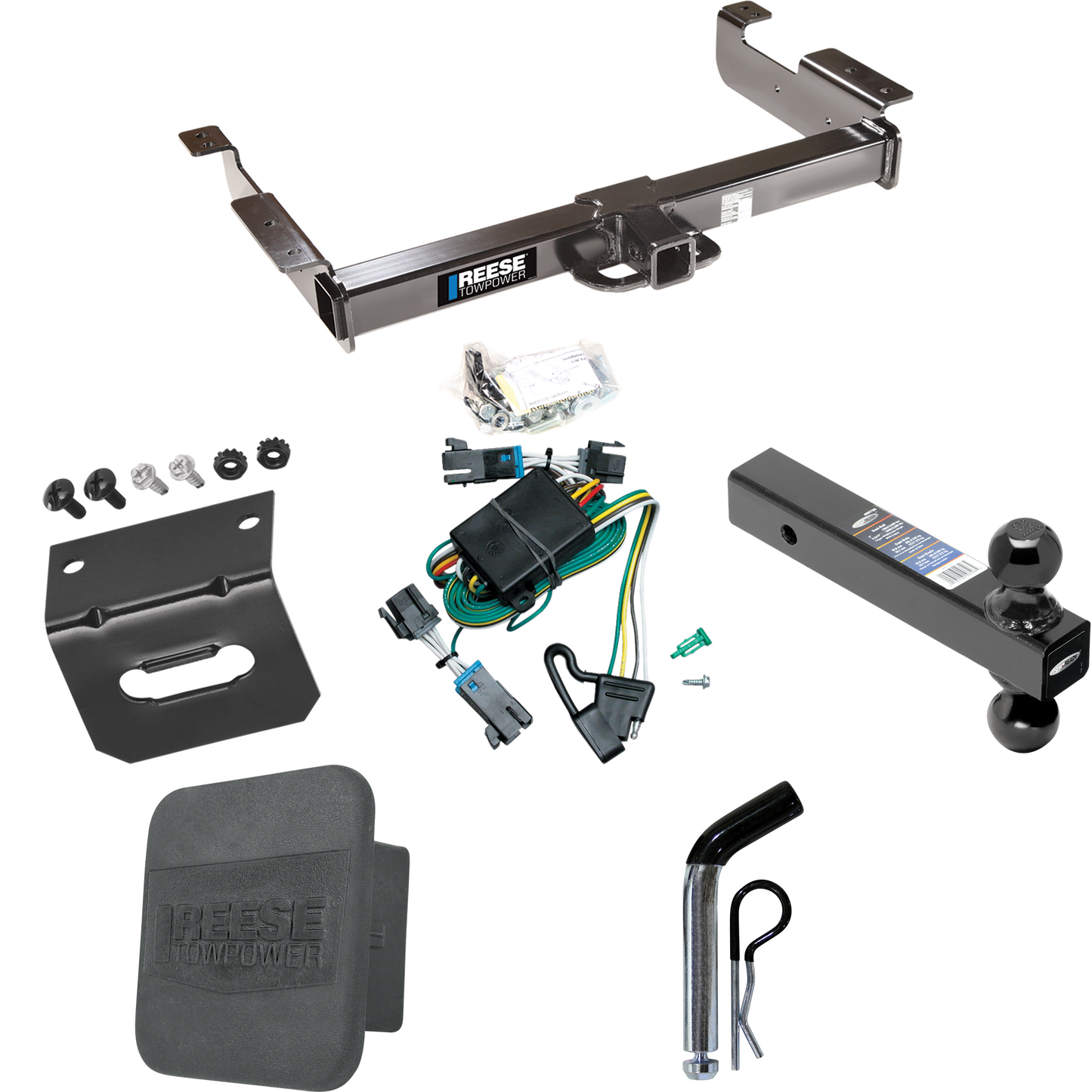 Fits 2000-2002 GMC Savana 1500 Trailer Hitch Tow PKG w/ 4-Flat Wiring Harness + Dual Ball Ball Mount 2" & 2-5/16" Trailer Balls + Pin/Clip + Hitch Cover + Wiring Bracket By Reese Towpower