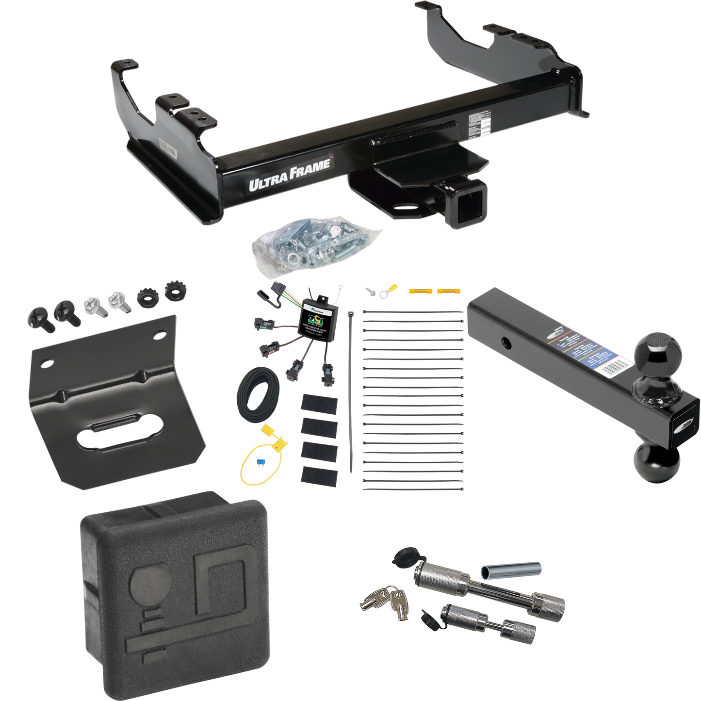 Fits 2007-2023 GMC Sierra 3500 HD Trailer Hitch Tow PKG w/ 4-Flat Zero Contact "No Splice" Wiring Harness + Dual Ball Ball Mount 2" & 2-5/16" Trailer Balls + Dual Hitch & Coupler Locks + Hitch Cover + Wiring Bracket (For Cab & Chassis, w/34" Wide Fra