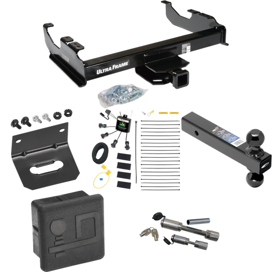 Fits 2007-2023 GMC Sierra 3500 HD Trailer Hitch Tow PKG w/ 4-Flat Zero Contact "No Splice" Wiring Harness + Dual Ball Ball Mount 2" & 2-5/16" Trailer Balls + Dual Hitch & Coupler Locks + Hitch Cover + Wiring Bracket (For Cab & Chassis, w/34" Wide Fra