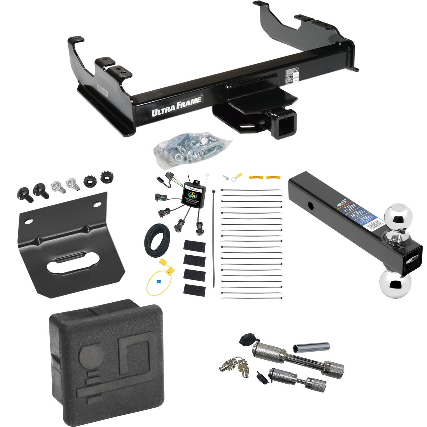 Fits 2007-2023 GMC Sierra 3500 HD Trailer Hitch Tow PKG w/ 4-Flat Zero Contact "No Splice" Wiring Harness + Dual Ball Ball Mount 2" & 2-5/16" Trailer Balls + Dual Hitch & Coupler Locks + Hitch Cover + Wiring Bracket (For Cab & Chassis, w/34" Wide Fra