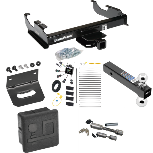 Fits 2007-2023 GMC Sierra 3500 HD Trailer Hitch Tow PKG w/ 4-Flat Zero Contact "No Splice" Wiring Harness + Dual Ball Ball Mount 2" & 2-5/16" Trailer Balls + Dual Hitch & Coupler Locks + Hitch Cover + Wiring Bracket (For Cab & Chassis, w/34" Wide Fra