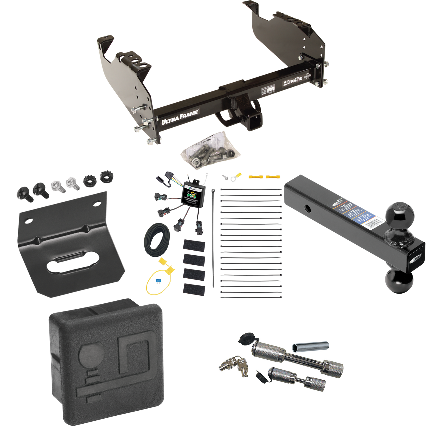 Fits 2007-2024 GMC Sierra 3500 HD Trailer Hitch Tow PKG w/ 4-Flat Zero Contact "No Splice" Wiring Harness + Dual Ball Ball Mount 2" & 2-5/16" Trailer Balls + Dual Hitch & Coupler Locks + Hitch Cover + Wiring Bracket (For Cab & Chassis, w/34" Wide Fra