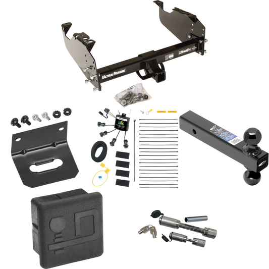 Fits 2007-2024 GMC Sierra 3500 HD Trailer Hitch Tow PKG w/ 4-Flat Zero Contact "No Splice" Wiring Harness + Dual Ball Ball Mount 2" & 2-5/16" Trailer Balls + Dual Hitch & Coupler Locks + Hitch Cover + Wiring Bracket (For Cab & Chassis, w/34" Wide Fra