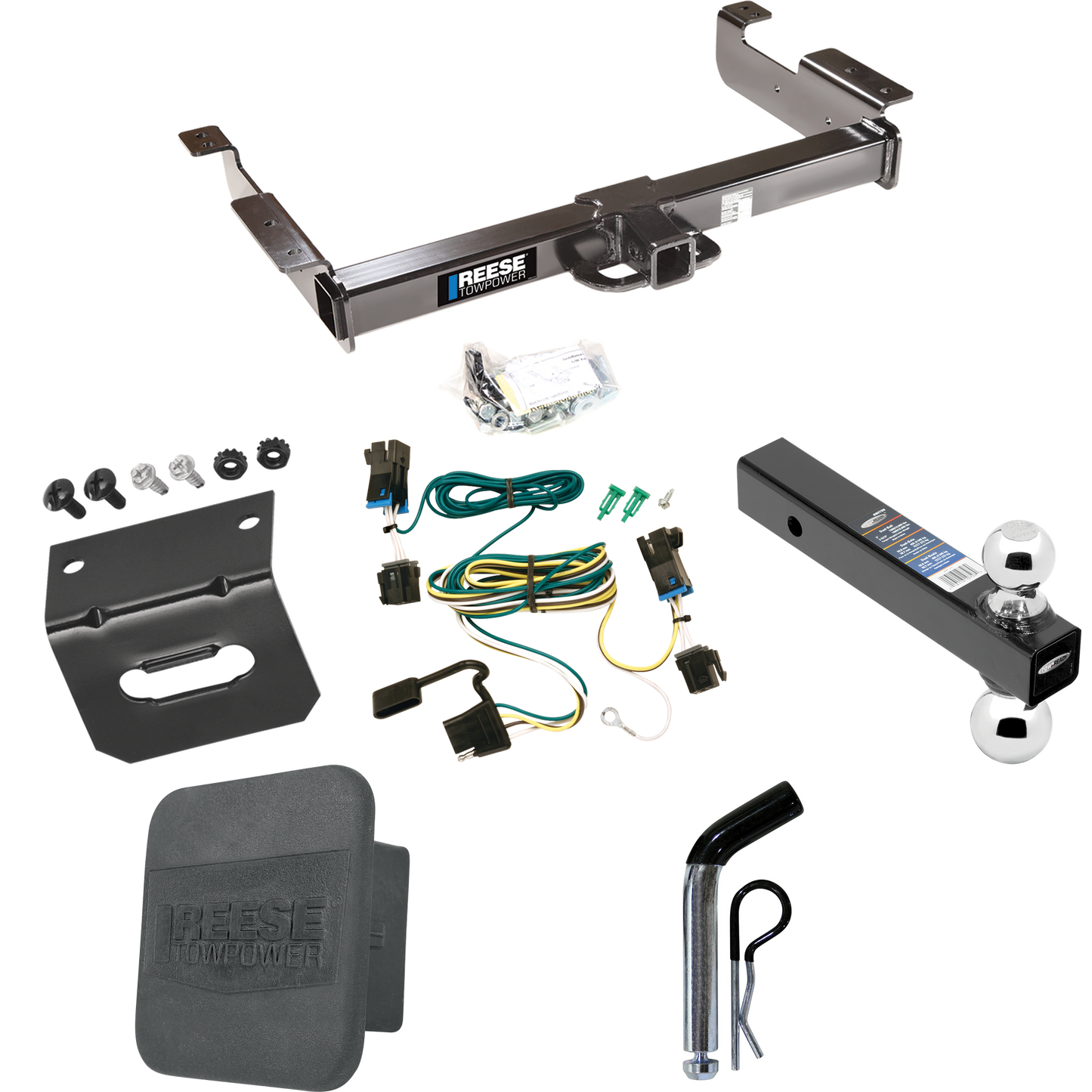 Fits 2003-2023 Chevrolet Express 3500 Trailer Hitch Tow PKG w/ 4-Flat Wiring Harness + Dual Ball Ball Mount 2" & 2-5/16" Trailer Balls + Pin/Clip + Hitch Cover + Wiring Bracket By Reese Towpower