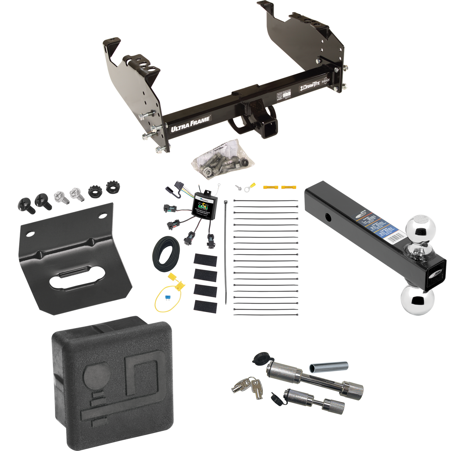 Fits 2007-2024 GMC Sierra 3500 HD Trailer Hitch Tow PKG w/ 4-Flat Zero Contact "No Splice" Wiring Harness + Dual Ball Ball Mount 2" & 2-5/16" Trailer Balls + Dual Hitch & Coupler Locks + Hitch Cover + Wiring Bracket (For Cab & Chassis, w/34" Wide Fra