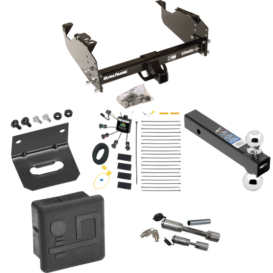 Fits 2007-2024 GMC Sierra 3500 HD Trailer Hitch Tow PKG w/ 4-Flat Zero Contact "No Splice" Wiring Harness + Dual Ball Ball Mount 2" & 2-5/16" Trailer Balls + Dual Hitch & Coupler Locks + Hitch Cover + Wiring Bracket (For Cab & Chassis, w/34" Wide Fra