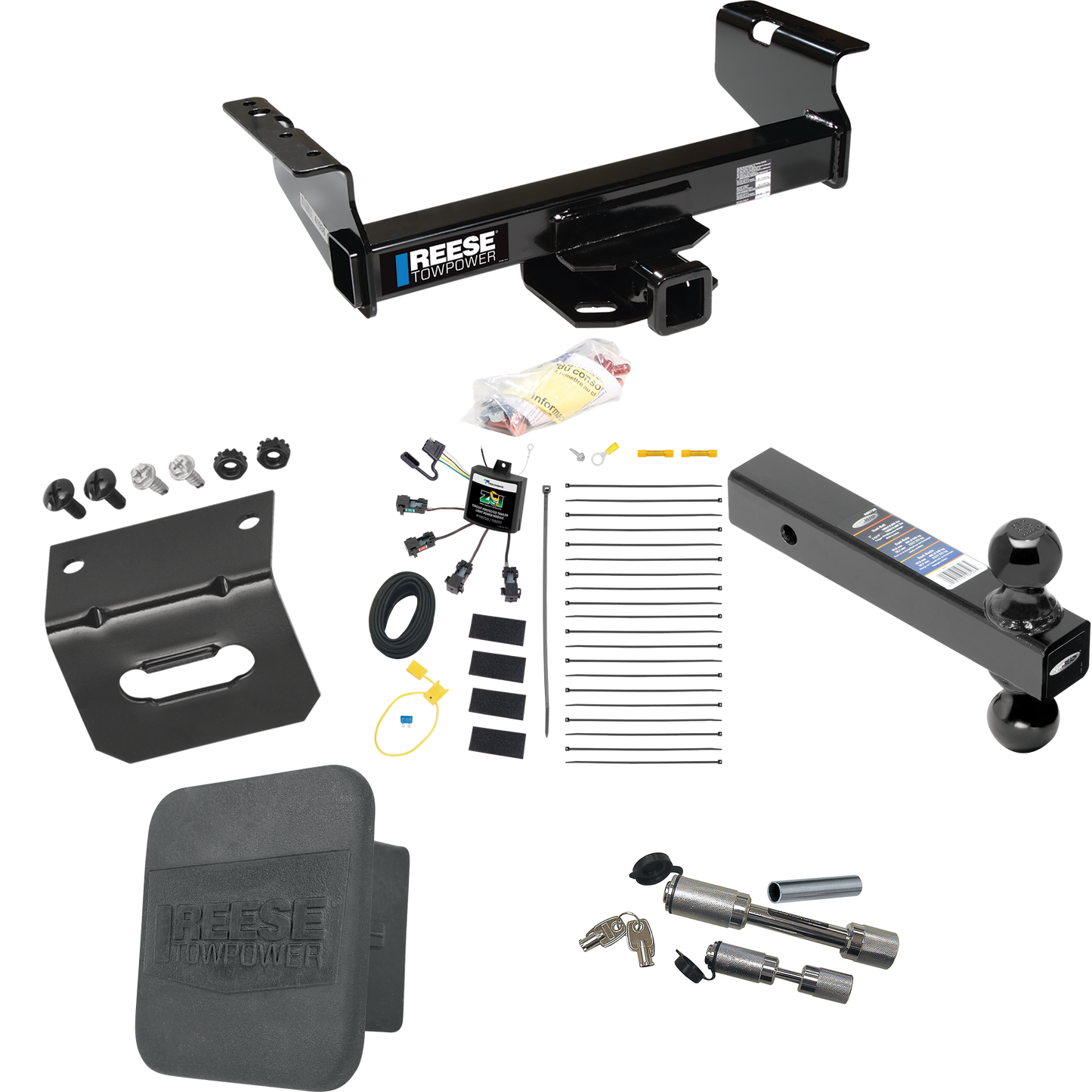 Fits 2007-2023 GMC Sierra 3500 HD Trailer Hitch Tow PKG w/ 4-Flat Zero Contact "No Splice" Wiring Harness + Dual Ball Ball Mount 2" & 2-5/16" Trailer Balls + Dual Hitch & Coupler Locks + Hitch Cover + Wiring Bracket (For Cab & Chassis, w/34" Wide Fra