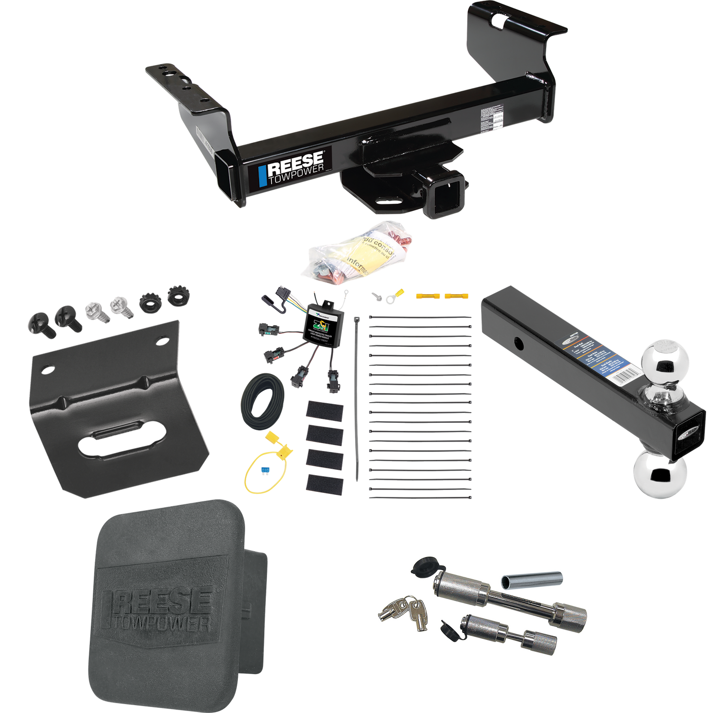 Fits 2007-2023 GMC Sierra 3500 HD Trailer Hitch Tow PKG w/ 4-Flat Zero Contact "No Splice" Wiring Harness + Dual Ball Ball Mount 2" & 2-5/16" Trailer Balls + Dual Hitch & Coupler Locks + Hitch Cover + Wiring Bracket (For Cab & Chassis, w/34" Wide Fra